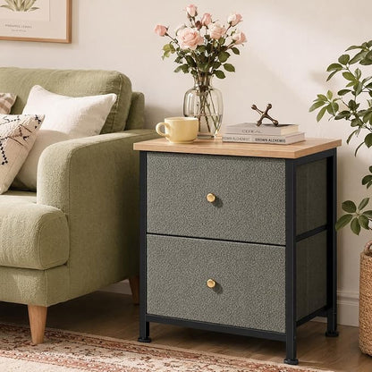 Sweetcrispy Nightstand Set of 2 with 2 Storage Drawers, Small Bedside Table | 20" Height Furniture End Table, Wooden Top Fabric Cabinet for Bedroom, Closet, Entryway, Ink Green 2Pack