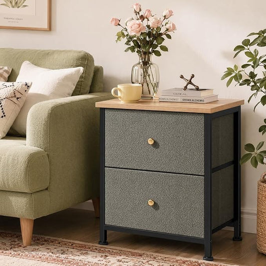 Sweetcrispy Nightstand Set of 2 with 2 Storage Drawers, Small Bedside Table | 20" Height Furniture End Table, Wooden Top Fabric Cabinet for Bedroom, Closet, Entryway, Ink Green 2Pack
