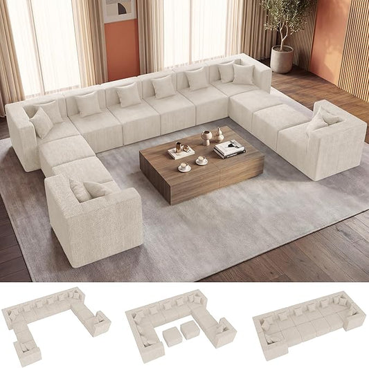 MONVANE Modular Sectional Sofa, Oversized 12 Seat Convertible U Shaped Couch with Ottoman, Comfy Chenille Cloud Couch with Deep Seat, Sectional Couches for Living Room, No Assembly Required, Beige