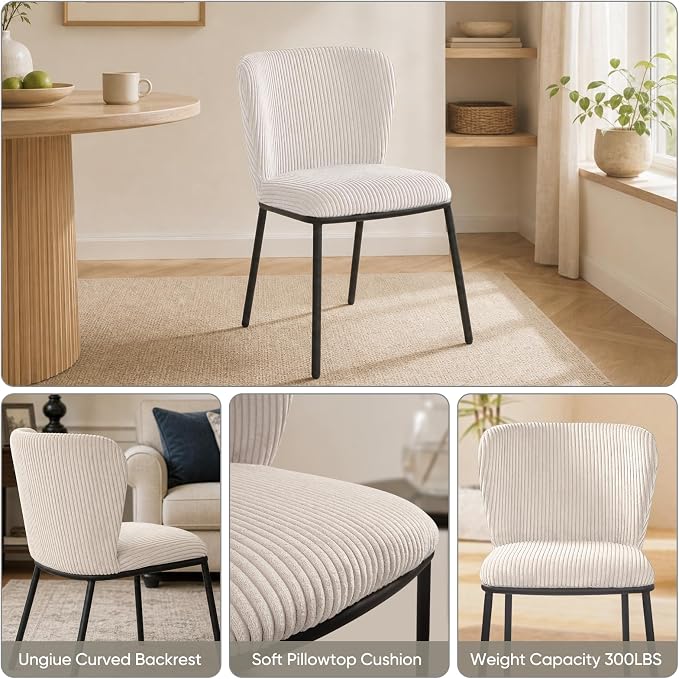 SIMTONAL Upholstered Dining Chairs Set of 2, Corduroy Armless Kitchen Chairs with Memory Foam Seat, Black Metal Legs, Mid Century Modern Accent Seating for Apartment, Vanity, [Beige]