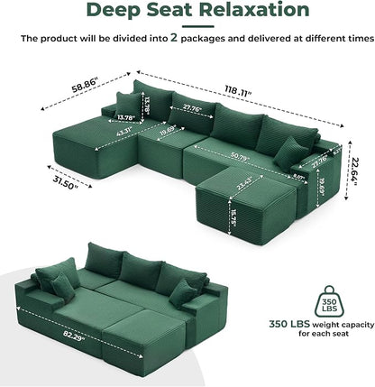 Mangodan 118'' Cloud Sectional Couch, U Shaped Boneless Couches for Living Room, Modular Sectional Sofa with Deep Seat Light Facing Chaise, Comfy Cloud Couch Sofa, Green