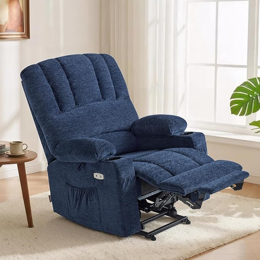 MCombo Large Power Lift Recliner Chair for Elderly, Lift Chair with Heat and Massage, 3 Positions, USB Charge Ports, Cup Holders, Fabric 7099 (Large, Navy Blue)