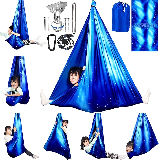 HiCamer Double Layer Sensory Swing for Kids & Adults Holds up to 300lbs Indoor and Outdoor Therapy Cuddle Swing with 360° Swivel Hanger Kit Adjustable with Aspergers Autism ADHD (Star Blue)