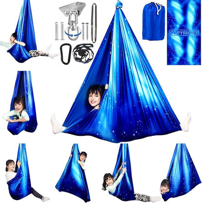 HiCamer Double Layer Sensory Swing for Kids & Adults Holds up to 300lbs Indoor and Outdoor Therapy Cuddle Swing with 360° Swivel Hanger Kit Adjustable with Aspergers Autism ADHD (Star Blue)