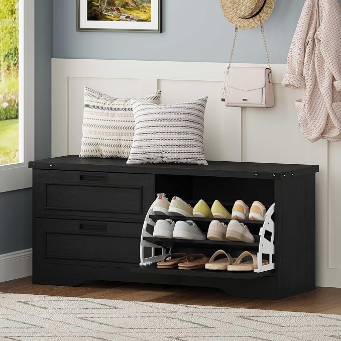 FATORRI Entryway Bench with Storage, 41 Inch Shoe Storage Bench, Industrial Wood Shoe Bench for Entry Way, Living Room, Bedroom and Mudroom (Black)