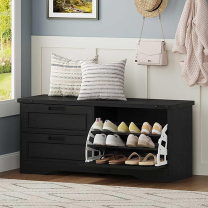 FATORRI Entryway Bench with Storage, 41 Inch Shoe Storage Bench, Industrial Wood Shoe Bench for Entry Way, Living Room, Bedroom and Mudroom (Black)