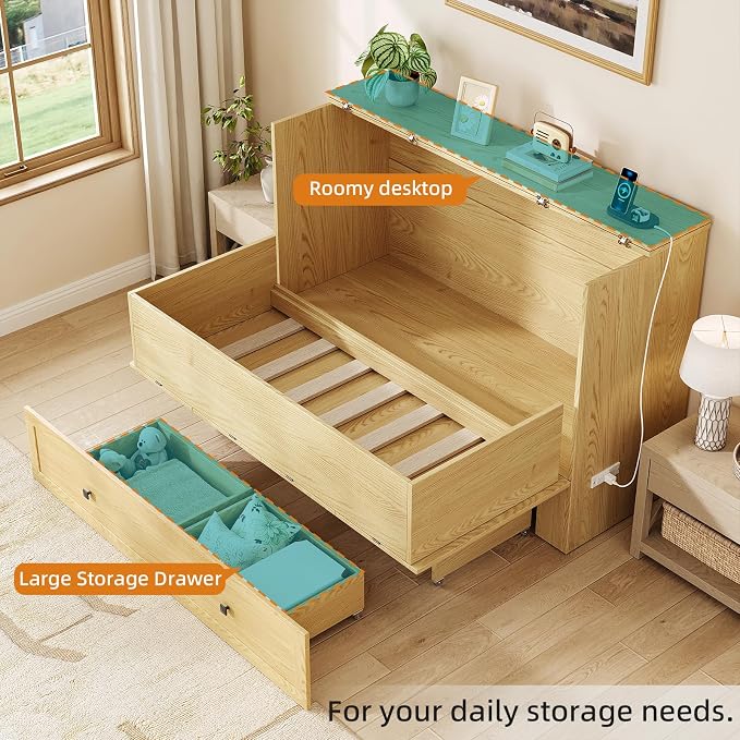 LIVAUVEAD Murphy Bed Queen with Storage & Charging Station, Murphy Cabinet with Foldable Panel, Noisy Free, for Guest Bedroom, Living Room, Office, Distressed,Natural