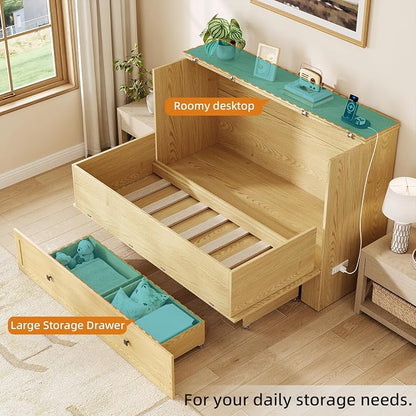 LIVAUVEAD Murphy Bed Queen with Storage & Charging Station, Murphy Cabinet with Foldable Panel, Noisy Free, for Guest Bedroom, Living Room, Office, Distressed,Natural