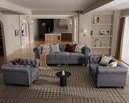 Morden Fort Classic Chesterfield Sofa Set 82'', Tufted Sofa for Couch Set with Solid Wood Legs Thick Cushion, Pet-Friendly Deep Seat Sofas Couches for Living Room Bedroom Apartment - Velvet Grey