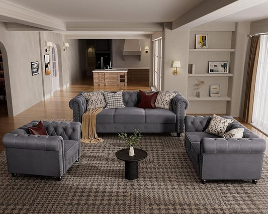 Morden Fort 3 Piece Classic Chesterfield 6-Seater Set, Tufted Chair & Loveseat & Sofa Solid Wood Legs Thick Cushion, Pet-Friendly Couch Set Furniture for Living Room Bedroom Apartment, Velvet Grey