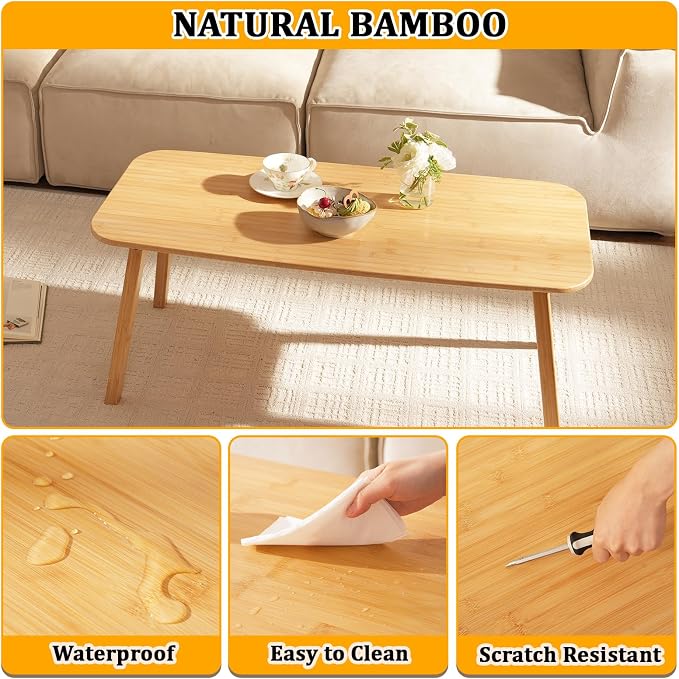 Baveke Folding Coffee Table- Foldable Floor Tables, Mid Century Coffee Table for Living Room, Small Coffee Tables Solid Wood Japanese Low Table for Sitting on Floor, No Assembly, 39.4''-Natural