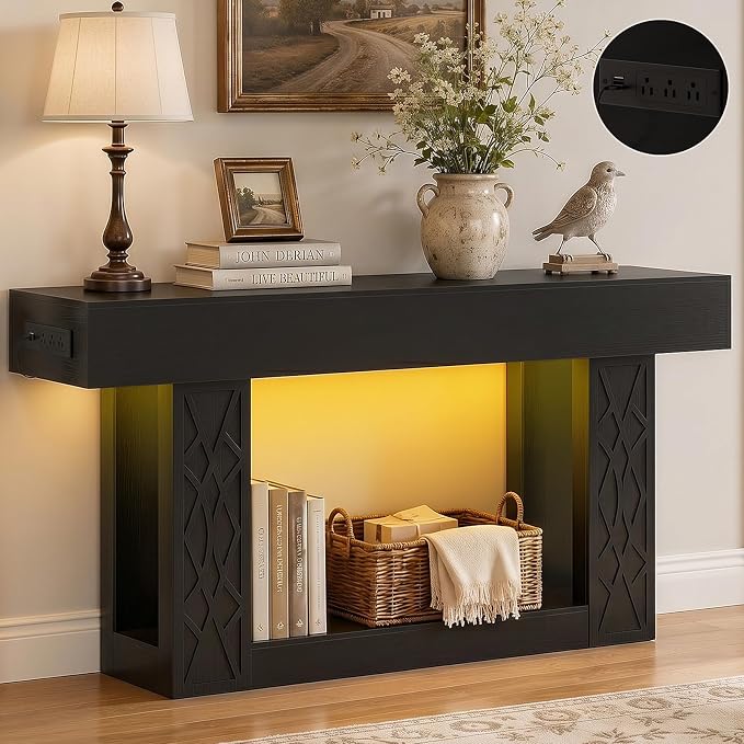 Unikito 63" Console Table with Outlets & LED Lights, Farmhouse Entryway Table with Unique Lattice Geometric Pattern, Sofa Table Behind Couch with 2-Tier Storage for Living Room, Hallway, Foyer, Black
