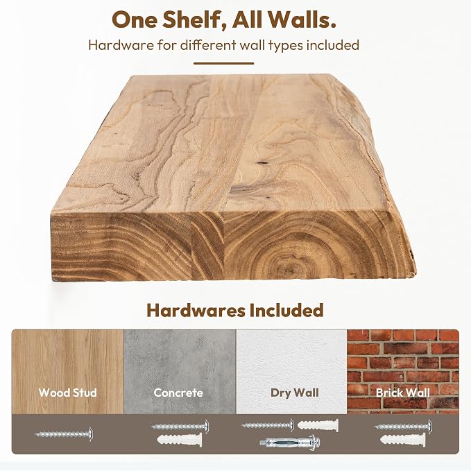 Vivelove Live Edge Floating Shelves 24 inch, Elm Wood Shelf, Rustic Farmhouse Wall Shelf with Invisible Bracket for Living Room Bedroom Bathroom Office Book, 24x8 - Set of 2 - Natural