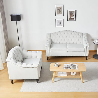LEVNARY Chesterfield Loveseat Velvet, Upholstered Sofa with Button-Tufted Back, Mid-Century Modern Sofa with Solid Wood Legs, 2 Seater Couches for Living Room (White)