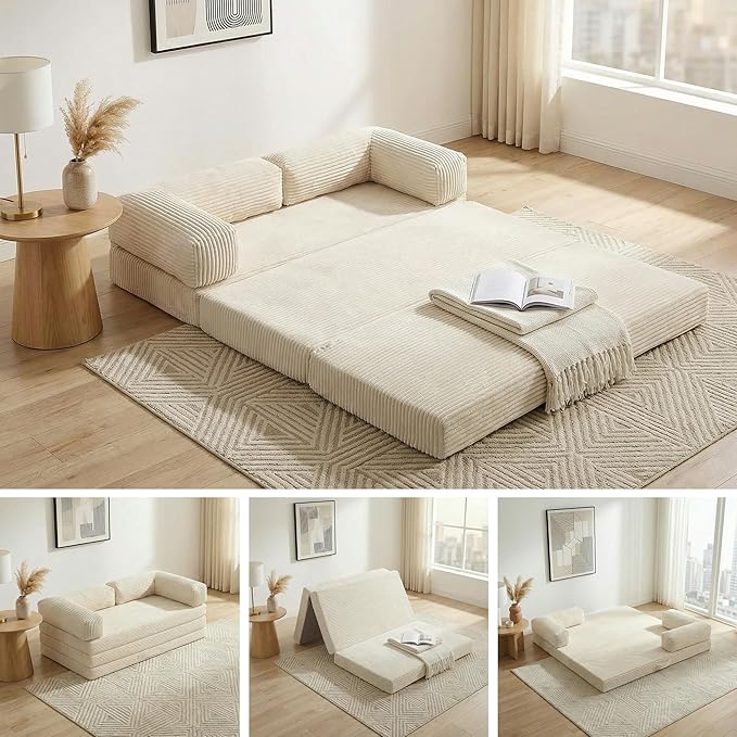 Convertible Sofa Bed Full,5-in-1 Folding Boneless Couch Corduroy Futon Sofa Bed,Tri-Fold Mattress with Removable Armrests & Handle,Sleeper with Pull Out Bed for Small Space Living Room Bedroom,Beige