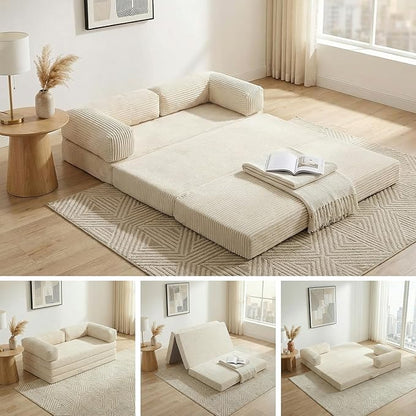 Convertible Sofa Bed Full,5-in-1 Folding Boneless Couch Corduroy Futon Sofa Bed,Tri-Fold Mattress with Removable Armrests & Handle,Sleeper with Pull Out Bed for Small Space Living Room Bedroom,Beige