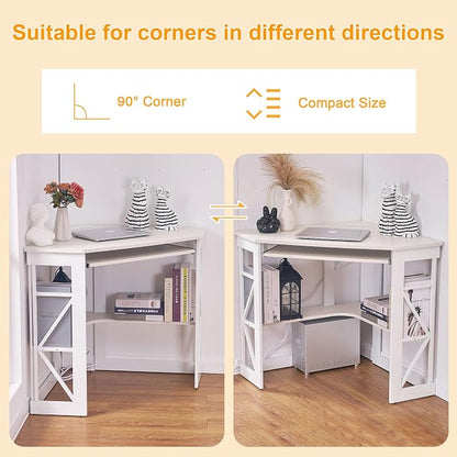 VECELO Corner Desk, Triangle Computer Desk for Small Space with Charging Station and Keyboard Tray, Corner Makeup Table with Storage Shelves for Home Office Bedroom, 41x30, White