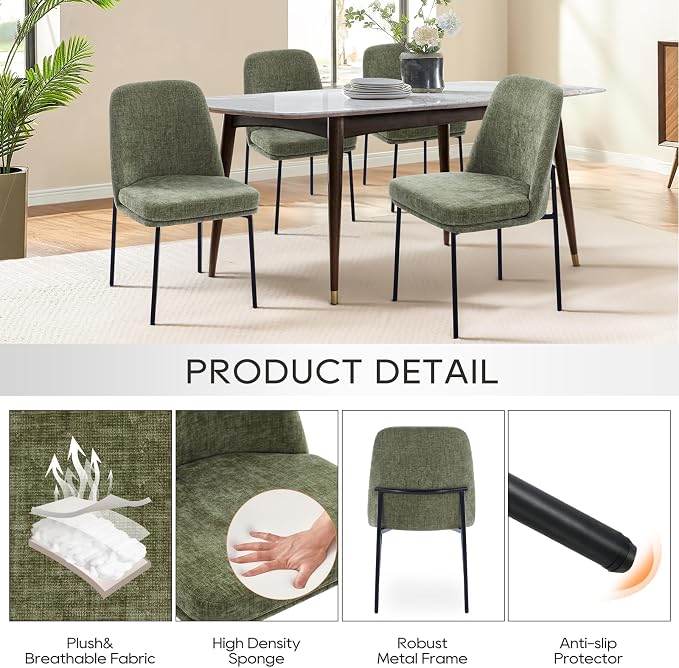COLAMY Upholstered Dining Chairs Set of 2, Modern Dining Room Chairs with Curved Back and Metal Legs, Dinner Chair Kitchen Chairs for Dining Room and Living Room, Green