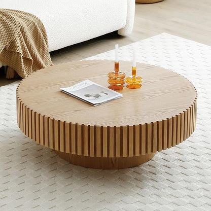 31.49" Round Fluted Coffee Table for Living Room, Mid Century Modern Drum Coffee Table with Sturdy Pedestal, Circle Center Table Accent Tea Table for Apartment ASH