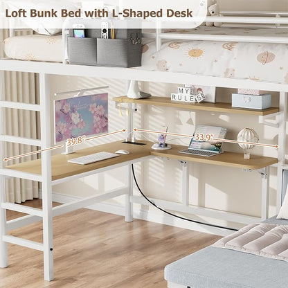 Jocoevol Twin Loft Bed with Mattress, Dual-Access Bed, Pull-Out Folding Bed & L-Shaped Desk, Heavy Duty Metal Bunk Bed Frame with Safety Guardrails, Charging Station & Adjustable Shelves (Pearl White)
