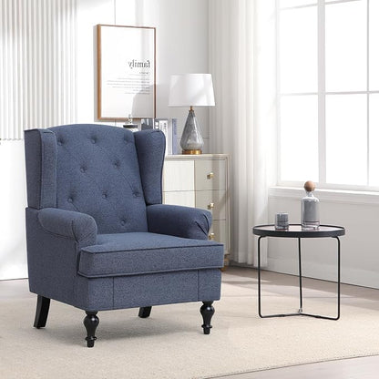 Accent Chair for Living Room, Mid Century Modern Upholstered Armchair, Wingback Chair with Tufted High Back and Solid Legs, Comfy Single Sofa Side Chairs for Bedroom, Blue