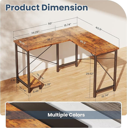DUMOS L Shaped Desk, Computer Gaming Desks Corner Office Table with CPU Shelf for Home Study Writing Work Station 50 Inch, Sturdy Modern Design, Study, and Home Office Use, Rustic Brown
