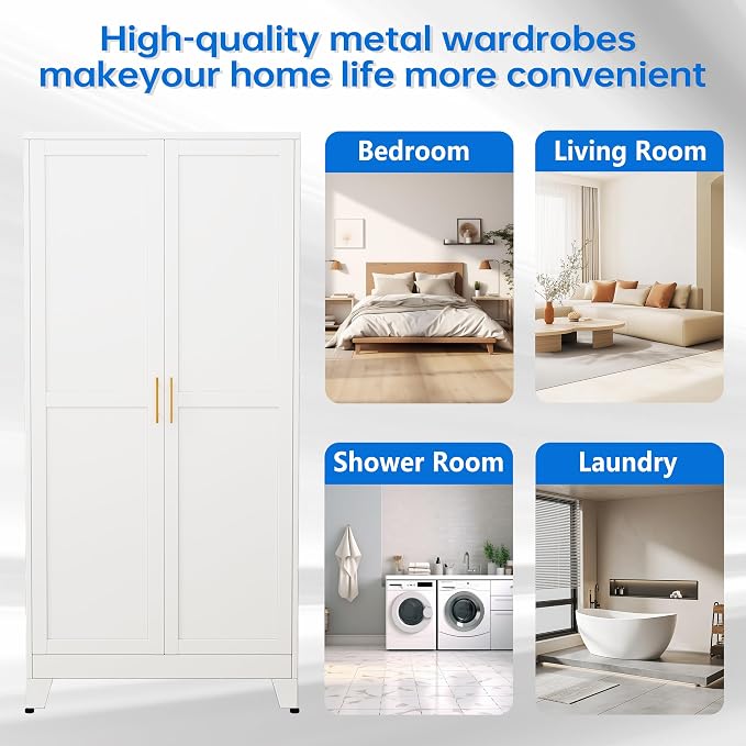 PAOFIN 71" Metal Armoire Wardrobe Closet, Bedroom Clothing Storage Cabinet with Hanging Rod, Freestanding White Armoire Cabinet with Adjustable Shelves