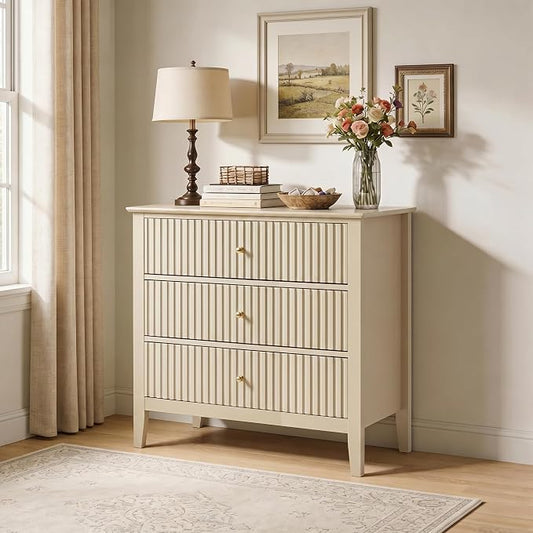 RoyalCraft Beige Fluted 3 Drawer Dresser, 32 inch Wide Dresser Nightstand for Bedroom, Modern Wood Chest of Drawers, Large Painted Nightstand with 3 Drawers for Closet, Hallway, Entryway
