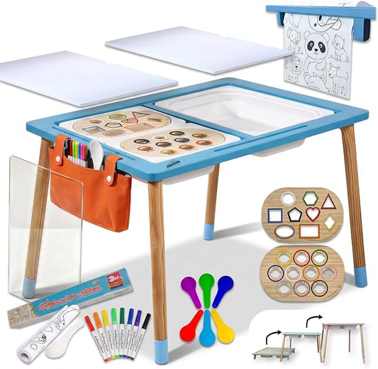Blue Sensory Table for Toddlers – Montessori Activity Table with 3 Bins, 2 White Acrylic Lids, Transparent Lid, Paper Roll Holder, Wooden Inserts, Storage Bag & Adjustable Heights
