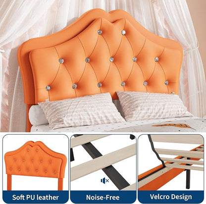 Twin Size Bed Frame for Girls with Storage Drawers & LED Lights, Upholstered Platform Bed, Velvet Crystal Button Princess Bed, Noise-Free Slats, No Box Spring Needed for Kids, Teens, Orange