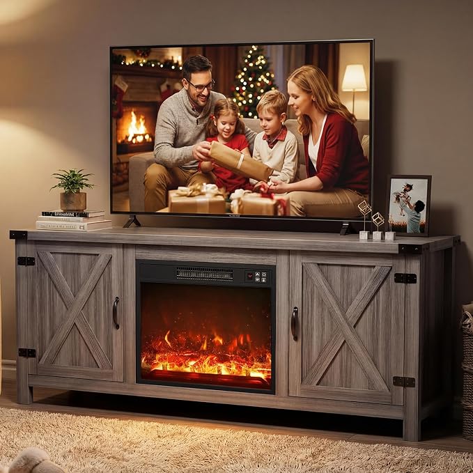 YESHOMY Fireplace TV Stand with Two Barn Doors and Storage Cabinets for Televisions up to 65+ Inch, Entertainment Center Console Table, Media Furniture for Living Room, 58 Inch, Gray