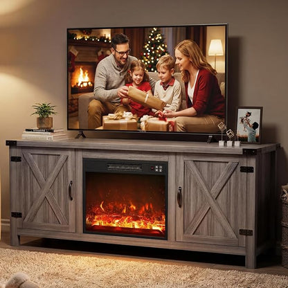 YESHOMY Fireplace TV Stand with Two Barn Doors and Storage Cabinets for Televisions up to 65+ Inch, Entertainment Center Console Table, Media Furniture for Living Room, 58 Inch, Gray