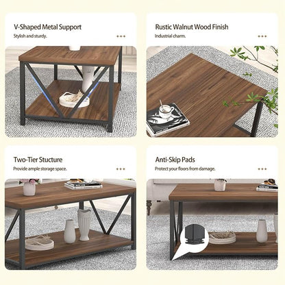 FOLUBAN Coffee Table, Modern Center Table with Storage Shelf, Rustic Wood and Metal Cocktail Table for Living Room, 39.3 Inch Walnut