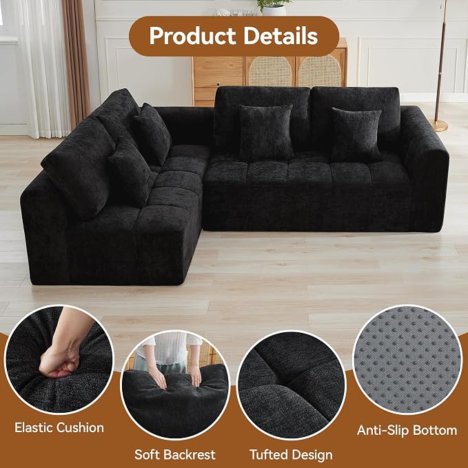 110''Modular Sectional Couches for Living Room, Cloud Boneless Compressed Sofa Left Facing Chaise, Oversized L Shaped 4 Seater Memory Foam Sofa, No Assembly, Chenille Black
