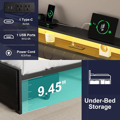 Queen Bed Frame with 2 Drawers, Platform Bed Frame with LED Lights and Charging Station, Upholstered Headboard, Heavy Duty Metal Slats, No Box Spring Needed, Noise Free, Easy Assembly