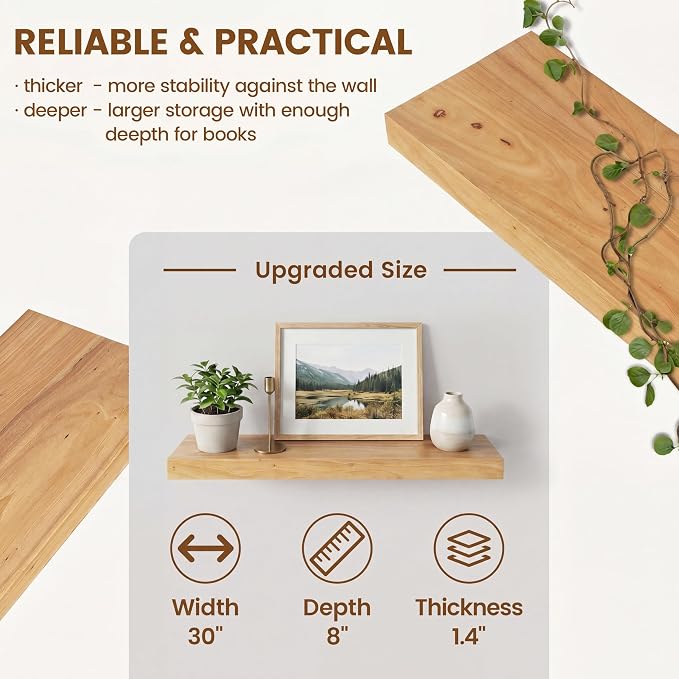 Venusmiles Elm Floating Shelves for Wall Decor, Rustic Solid Wood Shevles Wall Mounted with Invisible Bracket for Living Room Bathroom Bedroom Kitchen, 30 Inch Set of 2, Natural