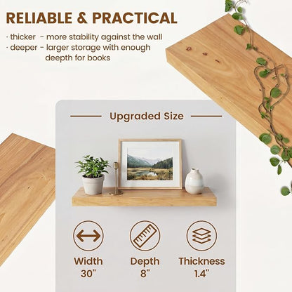 Venusmiles Elm Floating Shelves for Wall Decor, Rustic Solid Wood Shevles Wall Mounted with Invisible Bracket for Living Room Bathroom Bedroom Kitchen, 30 Inch Set of 2, Natural