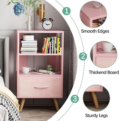 Aenuert Night Stand, Pink Nightstand with Drawer, Side Table with Open Storage, 3-Tier Modern End Table, Bedside Table for Small Space, Living Room, Bedroom