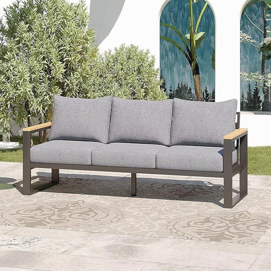 Sundale Outdoor Aluminum Patio Furniture, 3-seat All-Weather Outdoor Couch with 6" Olefin Cushion & Wide Armrest, Outside Sofa Seating for Garden Deck Porch (Grey)