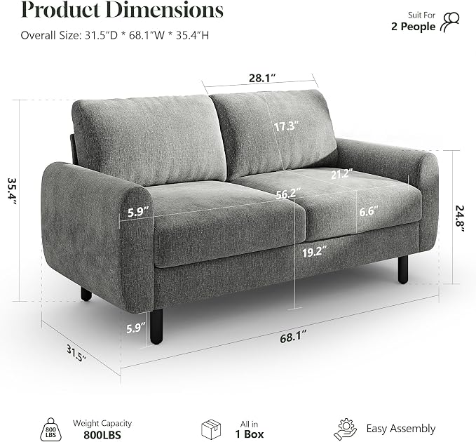 WorthFurni 68" Loveseat Sofa, Comfy Chenille Fabric Couches for Living Room with Spring Cushion and Solid Wood Frame, Modern Deep Seat Couch for Bedroom, Apartment, Office, Easy Assembly, Gray
