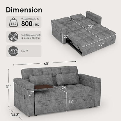 65'' Sleeper Sofa Bed, Pull Out Couch with Side Table | USB Charging Port | Adjustable Backrest | Chenille Fabric, Convertible Loveseat for Living Room, Apartment, Small Spaces (DeepGray)