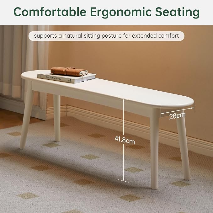 Modern Farmhouse Dining Bench with 100% Solid Rubberwood Bench Frame, Bed End Bench Entryway Bench Ottoman for Kitchen Living Room Bedroom Entrance (Wood White, 47.2'')