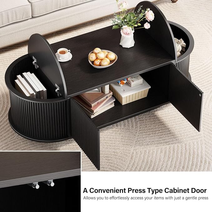 HSH 47" Oval Coffee Table with Storage, Black Coffee Table for Living Room | Modern Center Table with Press Type Door, Fluted Living Room Tables with 2 Flip-Top Hidden Lids, Wood Table