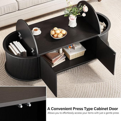 HSH 47" Oval Coffee Table with Storage, Black Coffee Table for Living Room | Modern Center Table with Press Type Door, Fluted Living Room Tables with 2 Flip-Top Hidden Lids, Wood Table