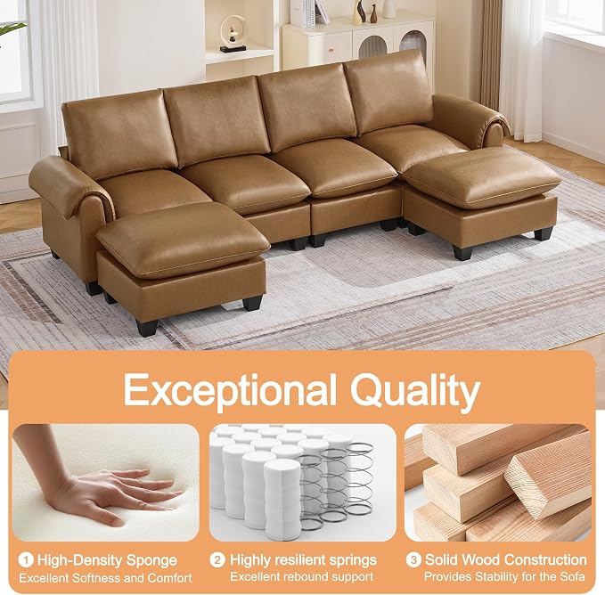 118" Faux Leather Modular Sectional Sofa with 2 Ottoman, Oversized 4 Seater Couch with Curved Armrests, Cloud Modern U-Shaped Sofa Deep Seat for Living Room, Light Brown