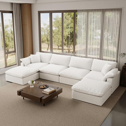 Modular Sectional Sofa,Extra Comfty Deep-Seat-Filled Couch, White 6 Seat U Shape Sofas with Movable Ottoman, Modern Couches for Living Room, Apartment, Office,Small Space