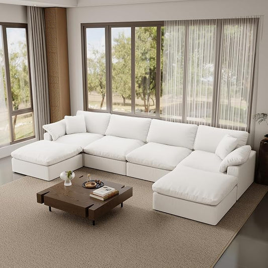 Modular Sectional Sofa,Extra Comfty Deep-Seat-Filled Couch, White 6 Seat U Shape Sofas with Movable Ottoman, Modern Couches for Living Room, Apartment, Office,Small Space