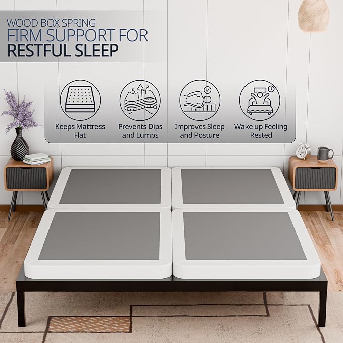 Nutan, 2-Inch Sturdy Wood Box Spring for Mattress Support - Durable and Fully Assembled, Natural Wood Foundation for King, White