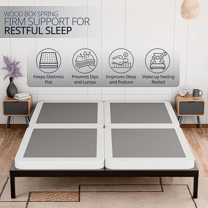 Nutan, 2-Inch Sturdy Wood Box Spring for Mattress Support - Durable and Fully Assembled, Natural Wood Foundation for King, White