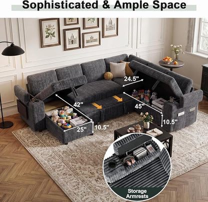 Vipbear Premium 111" Modular Sectional Sleeper Sofa, 7 Seat Sleeper Sofa with Pull Out Bed for Living Room, L Shaped Couch with Storage Chaise|USB Ports|Cup Holders|Storage Armrests|Side Table, Gray
